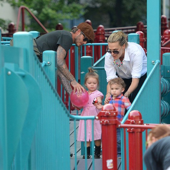 David Beckham and daughter Harper seen at a playground in Soho with Molly Sims and her Son Brooks