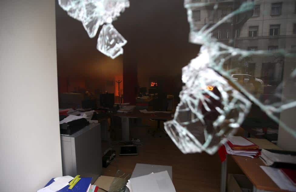 Bank Cariparma is seen destroyed by protesters during a rally against Expo 2015 in Milan