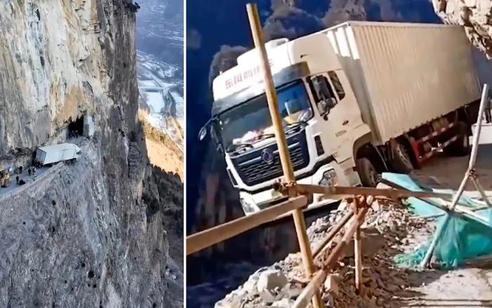 Οδηγός νταλίκας κρεμάστηκε πάνω από γκρεμό (Βίντεο)